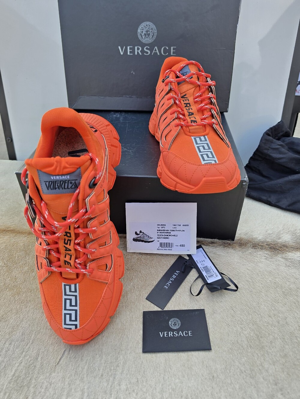Versace Orange Canvas and Leather Trigreca Lace Up Sneakers Size 44 - Picture 6 of 10